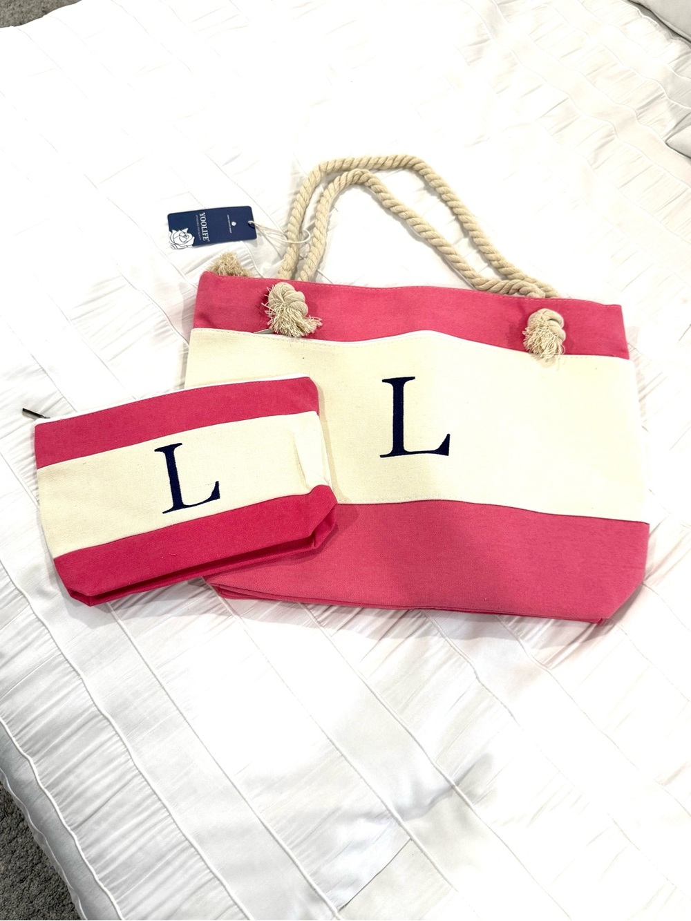 NEW! Canvas Rope Tote and Pouch Set - Pink and Cream with 'L'